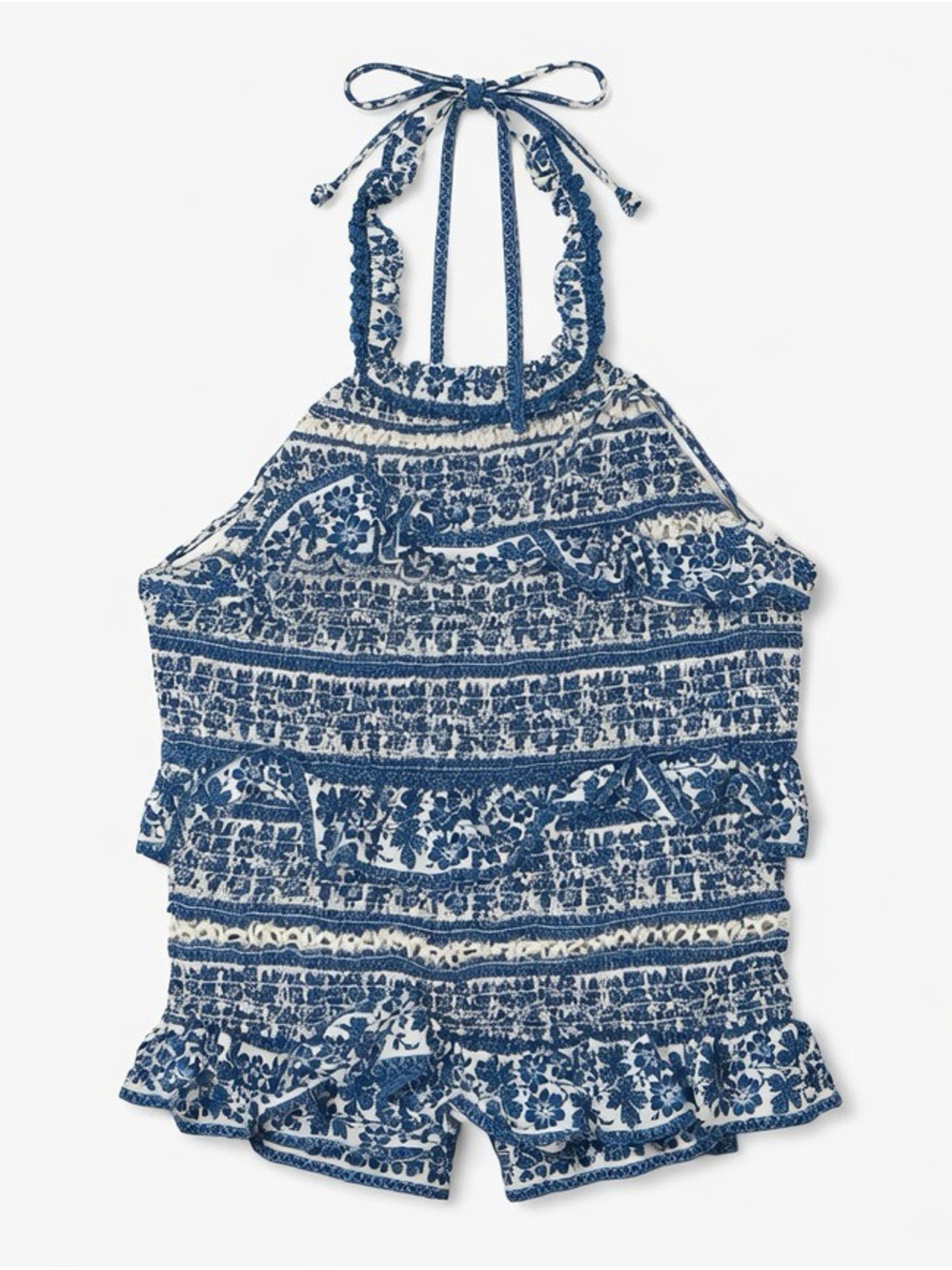 Sea Blue and White Crochet-Trim Halter Top